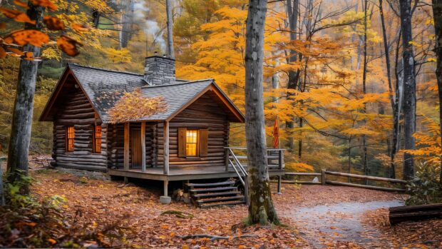 Cozy cabin surrounded by autumn trees, 4K background.