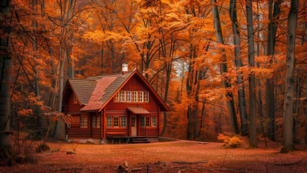 Cozy cabin surrounded by autumn trees, 4K wallpaper HD.
