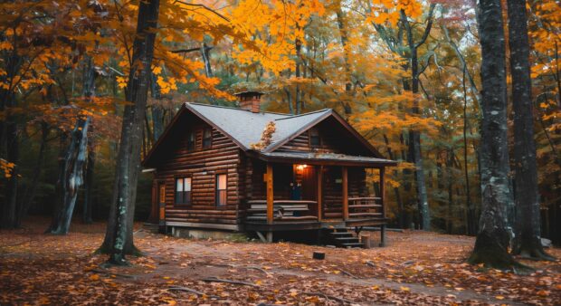 Cozy cabin surrounded by autumn trees.