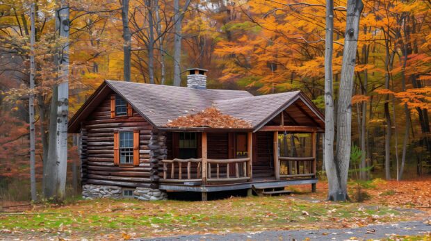 Cozy cabin surrounded by autumn trees, Fall desktop wallpaper.