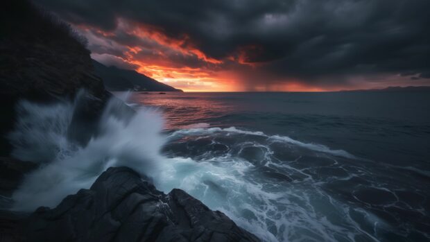Crashing ocean waves against rocky cliffs under a dramatic sky.
