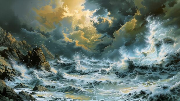 Crashing ocean waves against rocky cliffs under a dramatic sky.