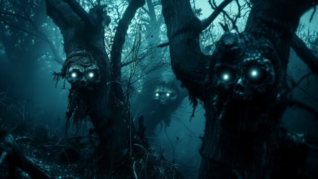 Creepy Halloween HD Wallpaper with twisted trees and glowing eyes.