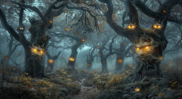 Creepy Halloween forest with twisted trees and glowing eyes.