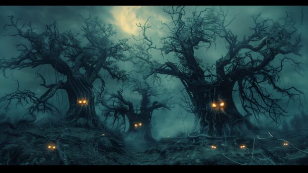 Creepy forest Desktop Halloween Background with twisted trees and glowing eyes.