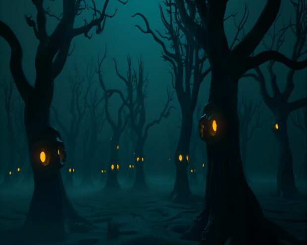 Creepy forest Halloween Desktop Wallpaper with twisted trees and glowing eyes.