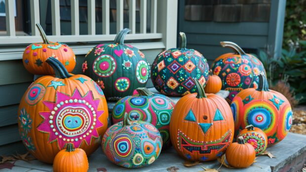 Cute 4K Halloween pumpkins decorated with hearts and stars.