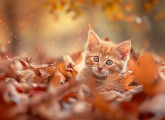Cute Cat 4K Wallpaper HD with a playful kitten in a pile of autumn leaves.