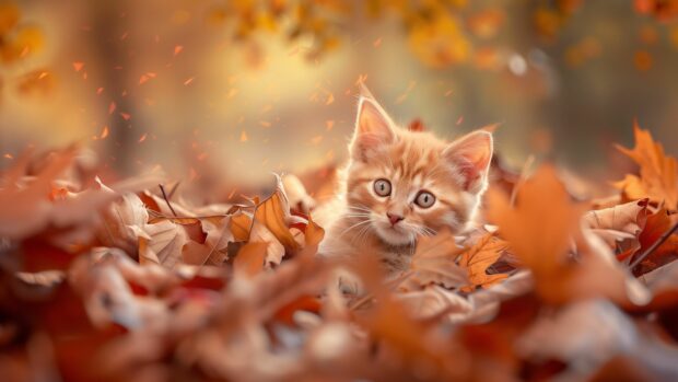 Cute Cat 4K Wallpaper HD with a playful kitten in a pile of autumn leaves.