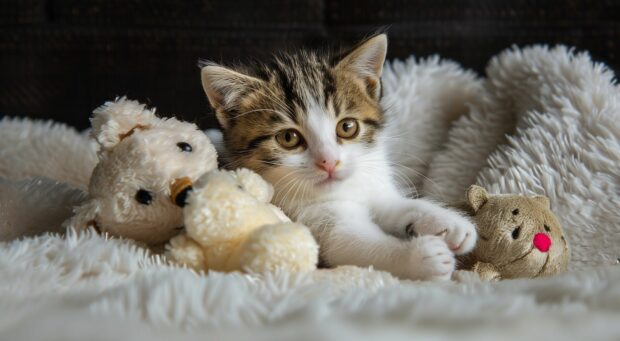 Cute Cat HD Wallpaper with a Kitten cuddling with a stuffed animal.