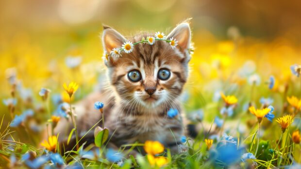 Cute Cat Wallpaper 4K with adorable kitten with a flower crown.