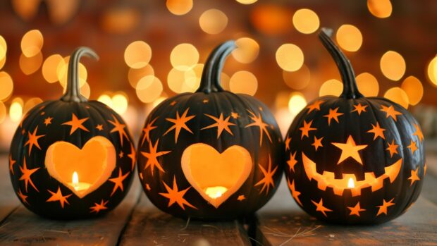 Cute HD Halloween pumpkins wallpaper decorated with hearts and stars.
