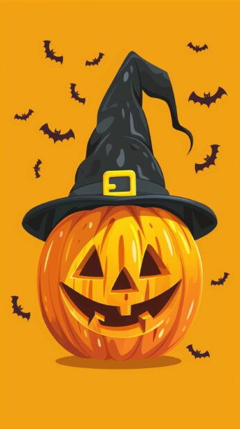 Cute Halloween Background with a cute pumpkin wearing a black hat.
