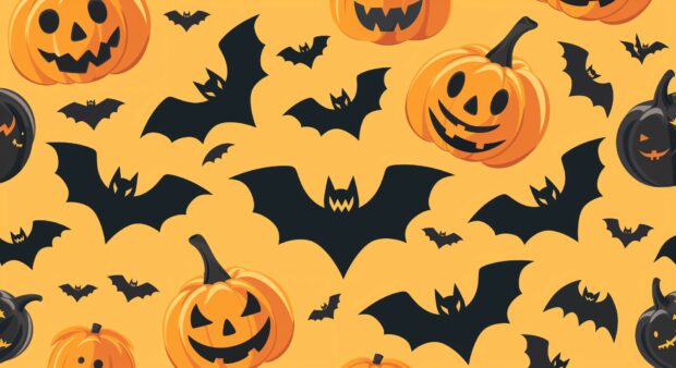 Cute Halloween HD Background with cute pumpkins and cute bats.