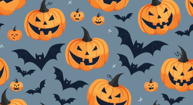 Cute Halloween Image with cute pumpkins and cute bats for desktop background.