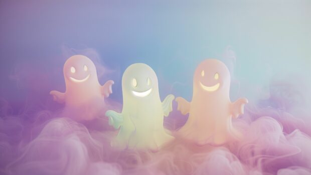 Cute Halloween Wallpaper 4K with smiling ghost.