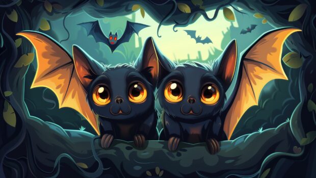 Cute Halloween bats with big eyes and cheerful expressions.