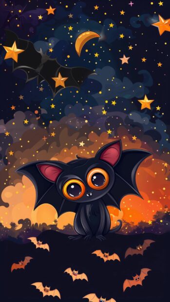 Cute Halloween bats with big eyes and colorful wings against a starry sky, iPhone Wallpaper.