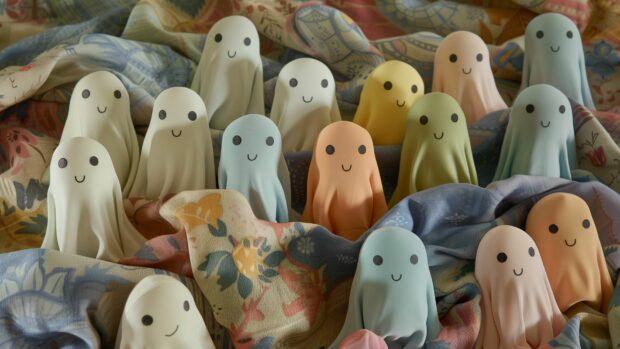 Cute Halloween ghosts with smiling faces and pastel colors.