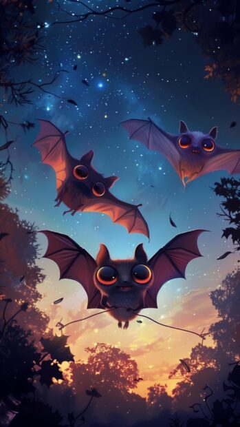 Cute Halloween iPhone Background with bats big eyes and colorful wings against a starry sky.