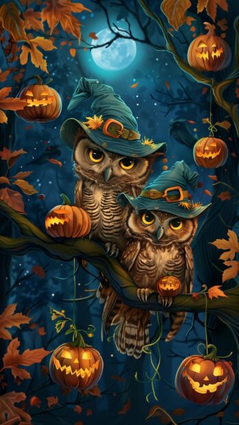 Cute Halloween iPhone Wallpaper with a playful owls wearing cute costumes and perched on spooky branches.