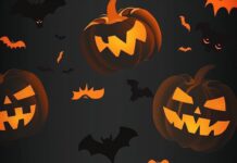 Cute Halloween iPhone background with cute pumpkins and cute bats, pattern style.