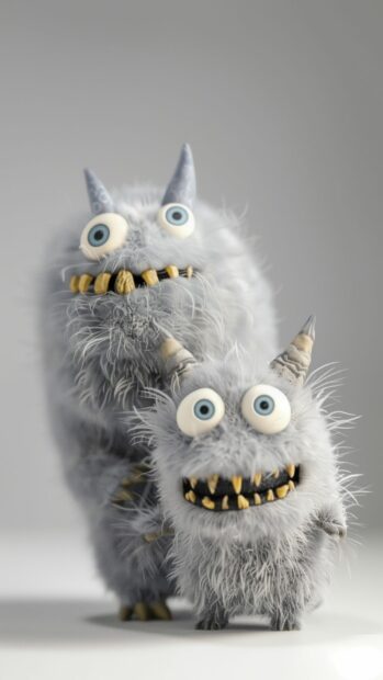 Cute Halloween monsters with fluffy fur and funny expressions.