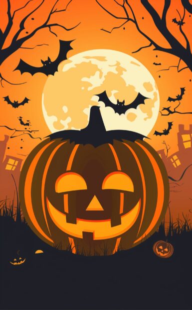 Cute Halloween with cute pumpkins and cute bats, tile background.