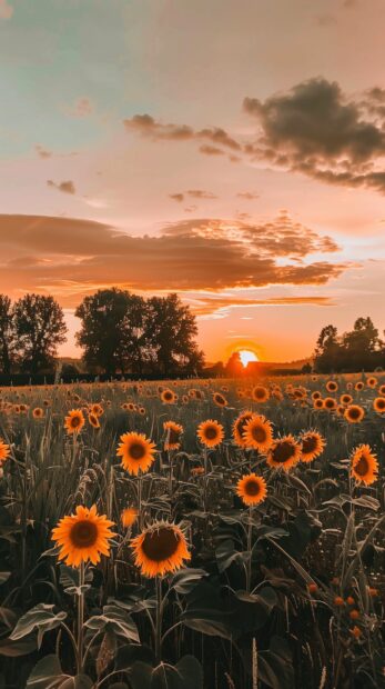 Cute Sunset Wallpaper in the countryside with a field of sunflowers.