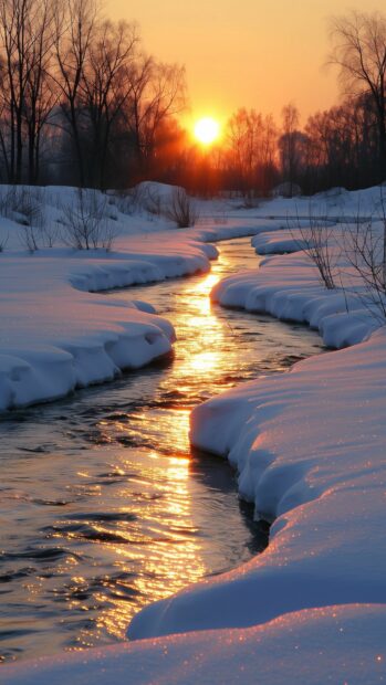 Cute Sunset over a snowy landscape, the snow reflecting warm light.