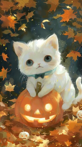 Cute White Cat Halloween Wallpaper.