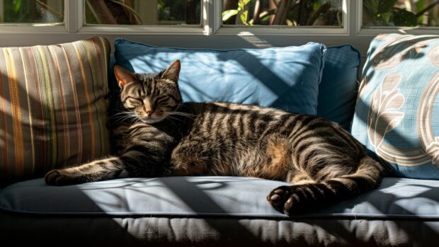 Cute cat lounging in the sunlight, 4K desktop background.