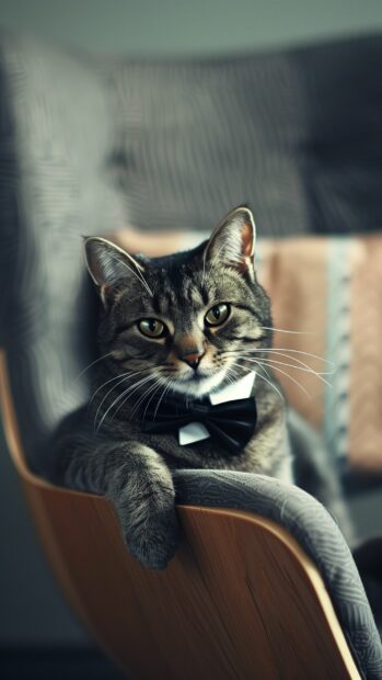 Cute cat mobile background with a bowtie sitting on a chair.