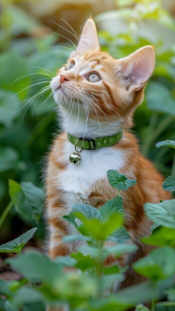 Cute cat mobile wallpaper HD with a playful expression in a garden.