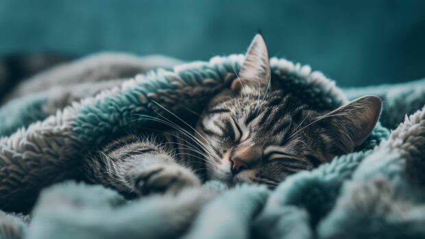 Cute cat napping in a cozy blanket.