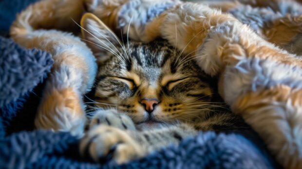 Cute cat napping in a cozy blanket, Lovely Cat Wallpaper.