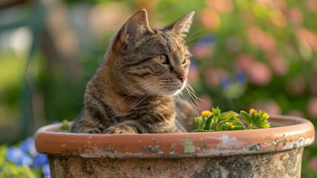 Cute cat sitting in a flower pot, 4K HD Wallpaper.