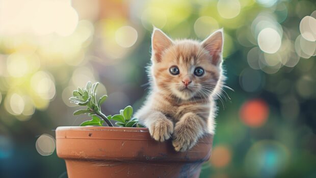 Cute cat sitting in a flower pot, 4K desktop background.