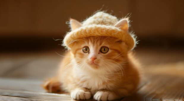 Cute cat wearing a tiny hat.