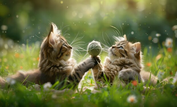 Cute double cats playing with a ball of yarn.