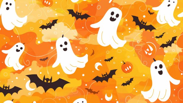 Cute halloween 4K background with cute ghosts, cute pumpkins and bats.