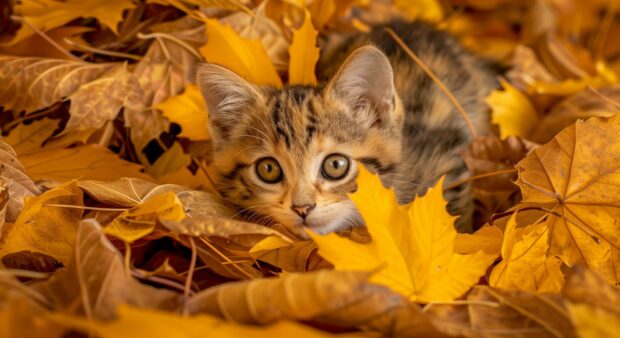 Cute kitten in a pile of autumn leaves, 1080p HD Image.