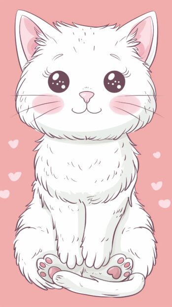 Cute white little cat, pink background.