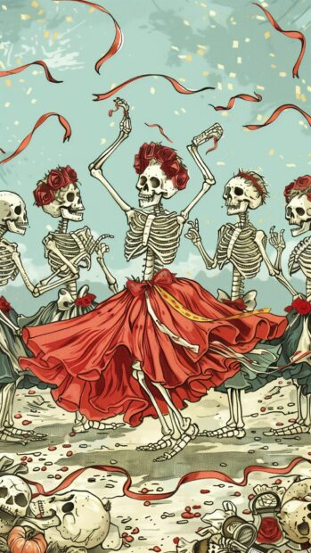 Delightful Halloween skeletons dancing with cute costumes and colorful ribbons.