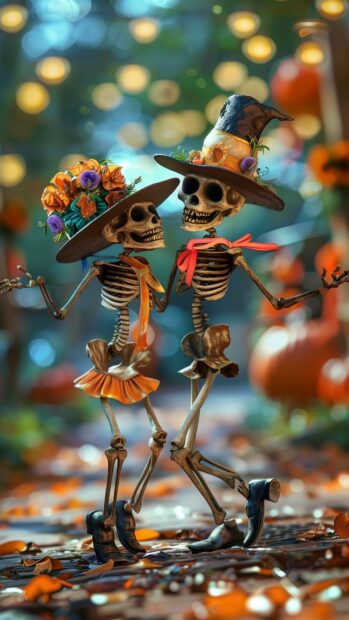 Delightful Halloween skeletons dancing with cute costumes and colorful ribbons,  Preppy Halloween Wallpaper for iPhone.