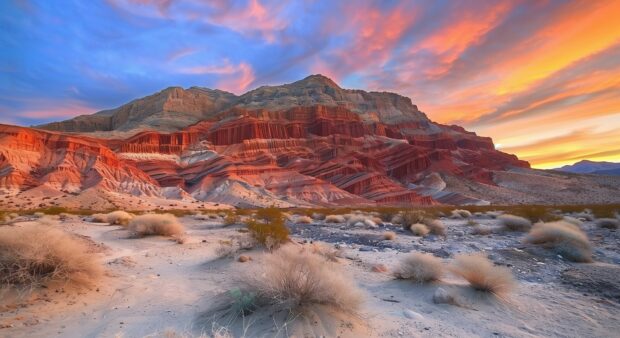 Desert landscape Desktop Wallpaper at sunset, dramatic red rock formations, colorful sky.