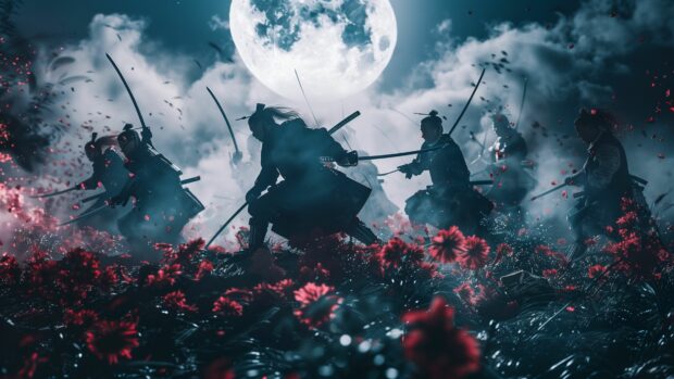 Desktop Samurai Wallpaper 4K with samurai engaged in combat under the moonlight.