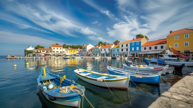 Desktop Wallpaper 2K with a peaceful coastal village with colorful houses and boats docked at the marina.