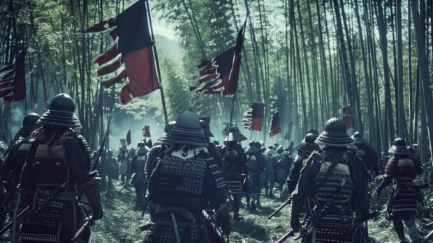 Desktop Wallpaper 4K with Samurai warriors marching through a bamboo forest with spears and flags.