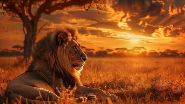Desktop Wallpaper 4K with a majestic lion resting in the African savanna during golden hour.